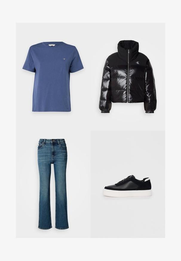 Black puffer jacket with glossy finish, high collar, and chunky zipper. Features ribbed cuffs and a logo on the upper left side.; GANT PRINTED ARCHIVE SHIELD - Basic T-shirt - dusty navy; High-waisted blue jeans made of denim, featuring a straight leg design, subtle fading, and a standard button and zipper closure.; Black sneaker with smooth leather and suede panels, flat laces, rounded toe, and a white rubber sole. Distinct logo on the heel.