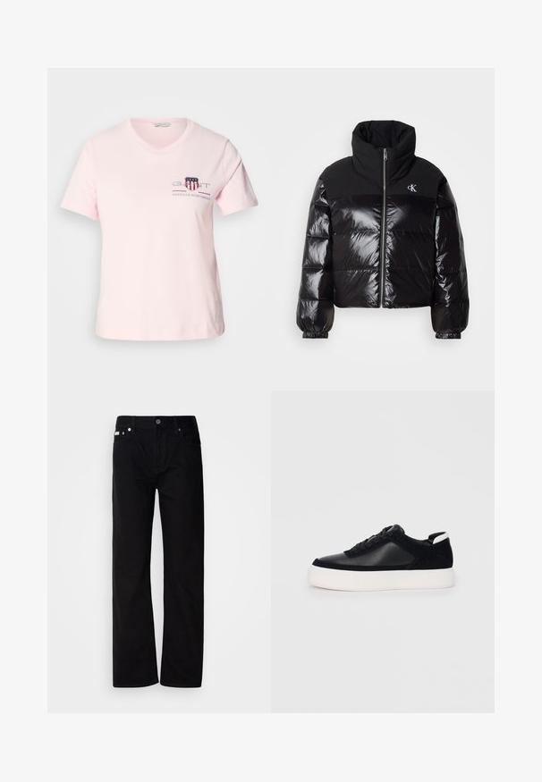 Casaco puffer preto com acabamento brilhante, gola alta e fecho robusto. Apresenta punhos canelados e um logotipo no lado superior esquerdo.; T-shirt de algodão em rosa claro com mangas curtas, decote redondo e logótipo bordado com detalhes em vermelho e azul. Corte casual.; Calças de ganga pretas de perna reta com cinco bolsos, rebites prateados e fecho de botão. O tecido tem um acabamento suave e ligeiramente texturizado.; Sapatilha preta com painéis de pele lisa e camurça, atacadores planos, bico arredondado e sola de borracha branca. Logótipo distinto no calcanhar.