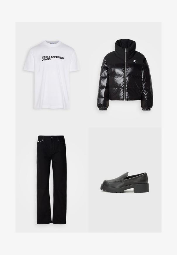 Chaqueta acolchada negra con acabado brillante, cuello alto y cremallera gruesa. Presenta puños acanalados y un logo en la parte superior izquierda.; Camiseta blanca de algodón con cuello redondo, que presenta un texto de logo impreso en negro "KARL LAGERFELD JEANS" en el pecho.; Pantalones de mezclilla negros de pierna recta con cinco bolsillos, remaches plateados y cierre de botones. La tela tiene un acabado liso y ligeramente texturizado.; Mocasines de piel negra con punta redondeada, suela texturizada gruesa y mínimos detalles de costura. Diseño elegante sin cordones o herrajes visibles.