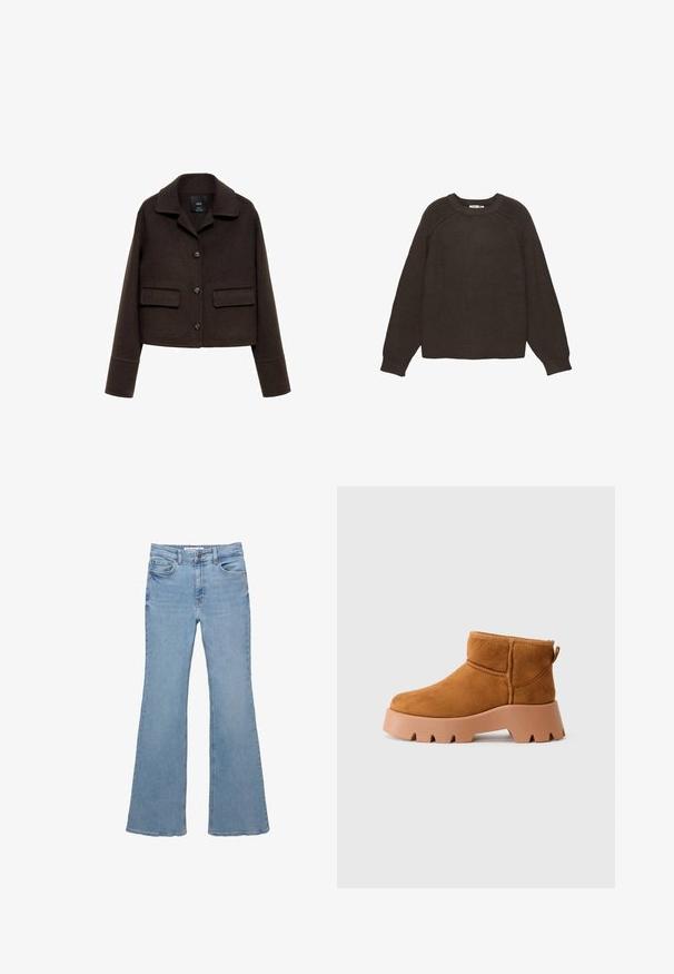 Ruskoharmaasta villasekoitteinen lyhyt takki, jossa on kaulus, etupuolella napit ja kaksi taskua. Pitkät hihat, joissa on napinläpitiedot.; Tummanruskea neulepusero, jossa on ribattu pinta, pyöreä kaula-aukko ja pitkät raglan-hihat. Helma ja hihansuut ovat myös ribattuja.; Vaaleansiniset farkut, joissa on korkea vyötärö, viisi taskua, nappikiinnitys ja hieman levenevät lahkeet.; Vaaleanruskeat nubuck-nilkkurit, joissa on pyöreä varvas, teksturoitu ruskea pohja ja vetotuki. Ominaisuuksina on ommeltu sauma ja paksu pohjarakenne.