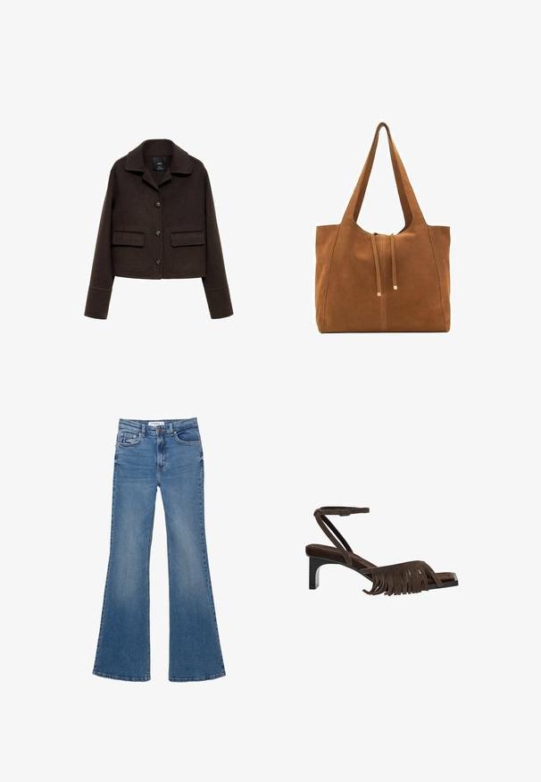 Jachetă scurtă dintr-un amestec de lână maro, cu guler, închidere frontală cu nasturi și două buzunare aplicate. Are mâneci lungi cu detaliu la mansetă.; Pulover bej scurt, realizat din material tricotat moale. Are un guler rotund, mâneci lungi și manșete și tiv cu textură ribbed pentru un plus de stil.; Blugi de denim albastri, cu fundă evazată, cu buzunare pe față și pe spate, cu turele pentru curea și închidere cu buton, așezați pe un fundal alb.; Sandal din suede maro cu detalii de franjuri, curea pentru gleznă și un toc pătrat de mică înălțime. Prezintă un design elegant și minimalist, cu o textură subtilă.; Geantă tote din suede maro cu două mânere lungi, închidere prin șnur și un design minimalistic. Textură netedă și fără accente vizibile de hardură.