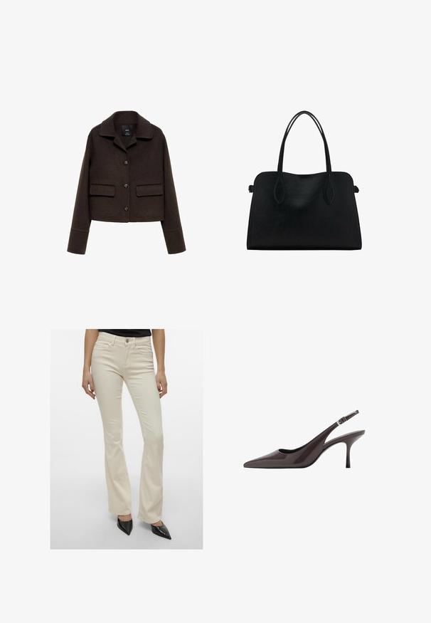 Giacca cropped in misto lana marrone con colletto, chiusura frontale a bottoni e due tasche a toppa. Presenta maniche lunghe con dettagli ai polsini.; T-shirt corto marrone a maniche corte realizzato in cotone morbido. Presenta un colletto rotondo e una vestibilità ampia, con una texture liscia e senza motivi visibili.; Pantaloni a campana di colore crema realizzati in un misto cotone elasticizzato. Presentano un classico design a cinque tasche e una chiusura con bottone frontale.; Décolleté con cinturino in pelle brillante marrone scuro, caratterizzate da un tacco alto e sottile e una cinghia alla caviglia regolabile con fibbia.; Borsa a mano in pelle nera con doppio manico, forma rettangolare e design minimalista su sfondo bianco.