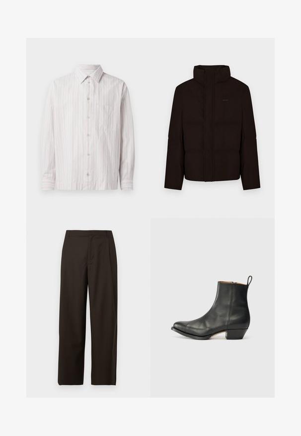 Mustast pufferjaka kõrgema krae, esikäepidemega luku ja polsterdusega. Rinnal on peen logo ning ühtlane tekstuur.; Valge nupuga särk, millel on õhukesed roosa vertikaalsed triibud, terav krae, pikad varrukad, üks rinnatasku ja ümar hem.; Pruunid laiade säärtega püksid, mis on valmistatud siledast kangast, millel on tasane eesmine osa, ilma nähtavate taskute või kaunistusteta.; Must have nahkasaapad, ümarate varvastega, kerge kontsaga, külgmise tõmblukuga ja taga tõmbluku kinnitusega. Sile pind ja lihtne disain.