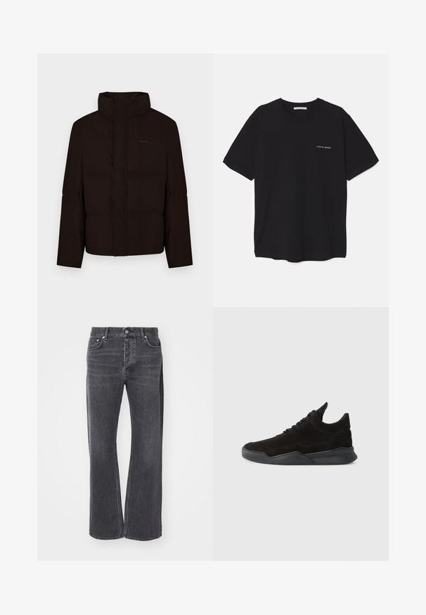 Čierna prešívaná bunda s vysokým golierom, zapínaním na zips vpredu a výplňou. Má jemný detail loga na hrudi a hladkú textúru.; Čierne bavlnené tričko s okrúhlym výstrihom, krátkymi rukávmi a bielou potlačou loga na ľavej hrudi. Jednoduchý, jednoliaty dizajn.; Čierne vysoko páskové džínsy s voľným, širokým strihom. Vyrobené z denimu, s jemným vyblednutím a prednými a zadnými vreckami.; Čierne semišové tenisky s nízkym profilom, textúrovaným zvrškom, plochými šnúrkami a pevným gumovým podpätkom s jemným zdvihom a zakriveným dizajnom.