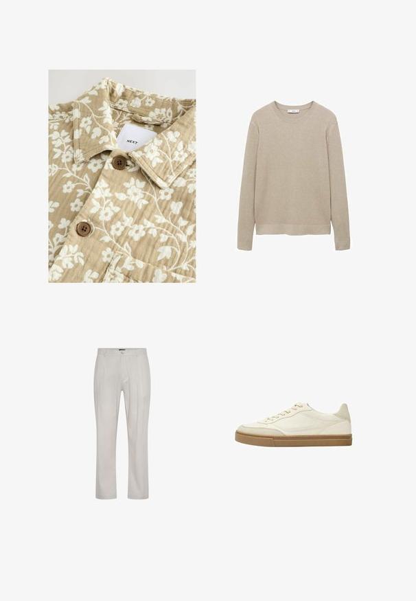 Bežena srajca s cvetličnim vzorcem in teksturirano površino, ki ima bele cvetove, ovratnik in dva rjava gumba. Prikazana oznaka nosi napis "NEXT."; Bež pulover iz rebrastega pletenega materiala z dolgimi rokavi, okroglo ovratnico in odrezanim robom. Tkanina se zdi mehka s teksturiranim vzorcem.; Svjetložute hlače napravljene od mekog, glatkog materijala. Imaju ravni kroj, prednje nabore i jedno dugme za zatvaranje u struku.; Bele usnjene superge v bež barvi z bež detajli in teksturirano gumijasto podplatom. Imajo tonalne šive in zaobljen dizajn prstov.