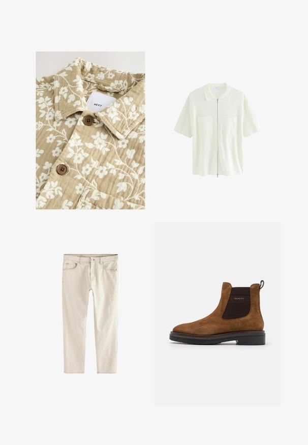 Beige skjorte med blomstermønster og tekstureret overflade, med hvide blomster, kravehals og to brune knapper. Mærket viser "NEXT."; Kortærmet, hvid zip-shirt lavet af struktureret stof, med krave og to forlommer med firkantede klapper.; Lys beige slim-fit jeans med lige ben, fem lommer, knap- og lynlåslukning samt forstærket syning langs sømmene.; Brune ruskind ankelstøvle med rund tå og elastiske sidepaneler. Har en sort tekstureret accent og en løkke på bagenden. Sort sål.