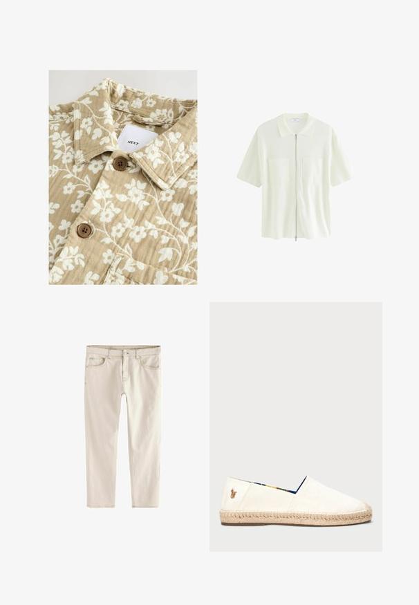 Cămașă bej cu un model floral, având o textură specială, cu flori albe, guler și două nasturi maro. Eticheta afișată spune "NEXT".; Cămașă albă cu mânecă scurtă și fermoar, realizată dintr-un material texturat, având un guler și două buzunare frontale cu clapete pătrate.; Jeanși slim-fit de un bej deschis, cu picior drept, cinci buzunare, închidere cu nasture și fermoar, și cusături întărite pe margini.; Espadrile din pânză de culoare off-white cu talpă din sfoară. Prezintă o căptușeală cu un model albastru și un mic logo brodat pe călcâi.