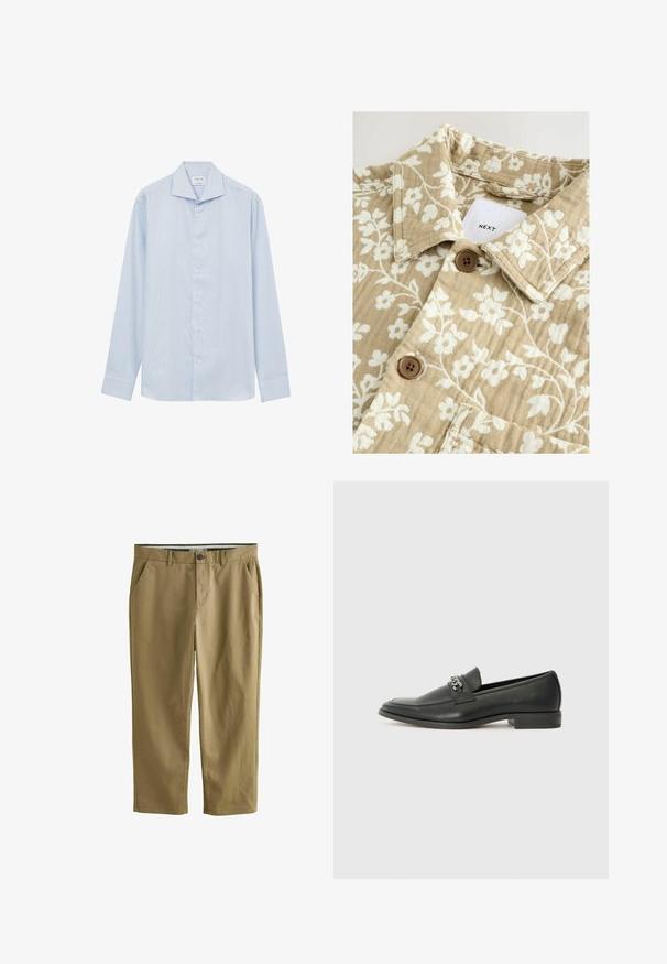 Camicia beige con motivo floreale e finitura testurizzata, caratterizzata da fiori bianchi, colletto e due bottoni marroni. L'etichetta visibile riporta "NEXT."; Camicia a maniche lunghe blu chiaro con sottili strisce verticali bianche, dotata di colletto aperto, bottoni frontali e orlo dritto.; Chino color khaki realizzati in cotone misto, dotati di due tasche laterali, chiusura con bottone, gambe dritte e una texture liscia.; Mocassino in pelle nera con finitura liscia, caratterizzato da un design cucito e da un accento decorativo in catena metallica sul vamp. Tacco piatto.