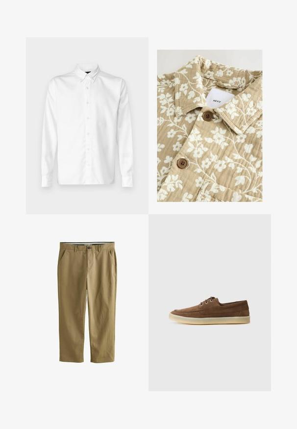 Beige Bluse mit floralem Muster und strukturiertem Finish, mit weißen Blumen, einem Kragen und zwei braunen Knöpfen. Auf dem Etikett steht "NEXT".; Weißes Hemd mit Knöpfen aus glattem Stoff, ausgestattet mit einem klassischen Kragen, langen Ärmeln und einem geraden Saum. Minimalistisches Design ohne Muster.; Khakifarbene Chinos aus Baumwollmischung, mit zwei Seitentaschen, einem Knopfverschluss, geradem Bein und glatter Textur.; Braune Wildlederschuhe mit niedriger Profilhöhe, Schnürdesign, Gummisohle und kontrastierenden Nähdetails. Schlichtes und funktionales Design.