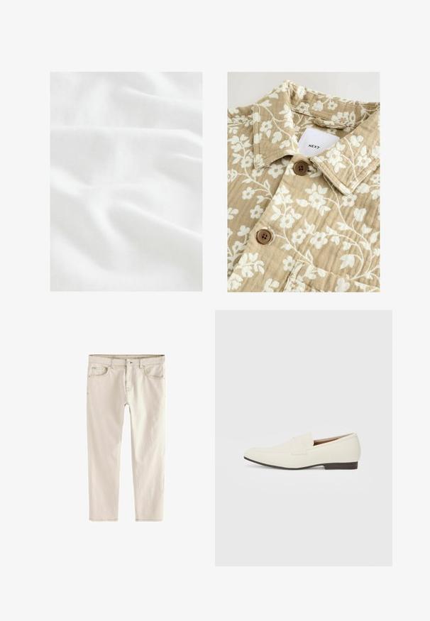 Bežs krekls ar ziedu rakstu un struktūru, kas izceļ baltas puķes, ar apkakles dekoltē un diviem brūniem pogām. Etiķete rāda "NEXT".; Next CUBAN COLLAR FIT - Krekls - white; Gaiši beidži slim-fit džinsi ar taisnu kāju, piecām kabatām, ar pogu un rāvējslēdzēju, kā arī pastiprinātu šuvju. ; Gai bēša kurpes ar smailu pirkstu, gludu materiālu, siksnu pāri pēdas daļai un zemu brūnu zoli. Vienkāršs dizains ar minimāliem akcentiem.
