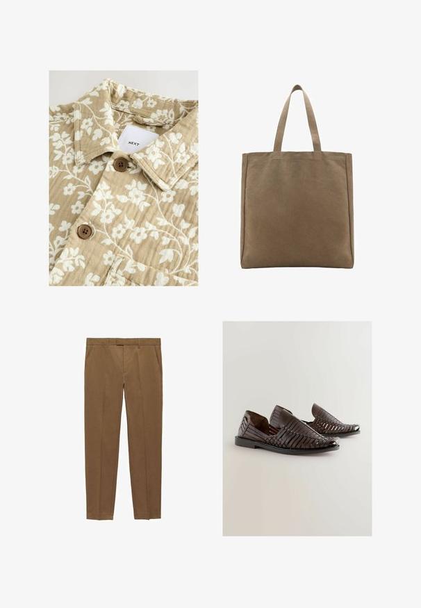 Cămașă bej cu un model floral, având o textură specială, cu flori albe, guler și două nasturi maro. Eticheta afișată spune "NEXT".; Tricou bej cu mânecă scurtă, fabricat din bumbac, cu guler rotund și croială lejeră, având o textură netedă și fără modele sau accente.; Pantaloni maro, tailor-made, dintr-un material neted, cu o față plată, picioare drepte, bucle pentru curea și buzunare laterale.; Pantofi slip-on din piele împletită maro, cu vârf deschis, având o suprafață netedă, talpă plată și un design rotunjit pentru confort.; Geantă de pânză în nuanță de bej, dotată cu două mânere rezistente. Formă rectangulară cu o textură netedă și fără embellishments vizibile.