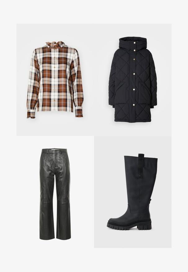 Gesteppten schwarzen Pufferjacke mit Kapuze, ausgestattet mit goldenen Druckknöpfen und zwei Fronttaschen, aus isolierendem Material für Wärme.; Braun, creme und marineblaue kariert Bluse mit Rüschekragen und langen Ärmeln, mit Knopfdetails und lockerem Schnitt.; Schwarze lederne weit geschnittene Hose mit einer glatten Textur, ausgestattet mit einem Bund, vorderen Falten und dezenten Steppnähten.; Schwarze, kniehohe Gummistiefel mit einer massiven Sohle, strukturierter Mischung und einem Stoffziehband an der Oberseite für einfaches An- und Ausziehen. Glatte, matte Oberfläche.