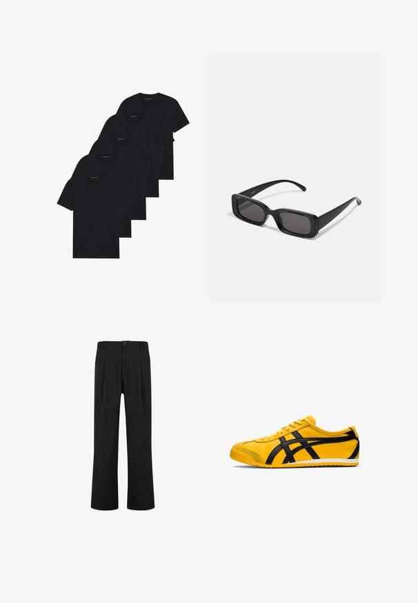 Cappotto in misto lana nero con revers a punta, chiusura a un bottone e tasche laterali. Presenta una silhouette dritta e un design minimalista.; Felpa nera con zip, tasca a marsupio, vestibilità oversize, tessuto morbido e cappuccio con coulisse. Dotata di una cerniera robusta e polsini a costine.; Confezione di cinque t-shirts nere a girocollo. Maniche corte, materiale in cotone, vestibilità standard. Texture liscia senza motivi o abbellimenti visibili.; Pantaloni neri con fit dritto, vita piatta e pieghe. Realizzati in un tessuto liscio con chiusura a bottone e passanti per cintura.; Scarpa da atletica gialla con accenti neri, texture in pelle liscia, design curvo, punta rotonda, suola piatta bianca e marchio prominente sul lato.; Occhiali da sole neri rettangolari con lenti scure, finitura lucida, aste larghe e design della montatura spessa. Nome del marchio inciso su un'asta.; Borsa in tessuto nero con un motivo trapuntato e texture. Forma arrotondata, manici corti e spessi, e una struttura morbida e flessibile.