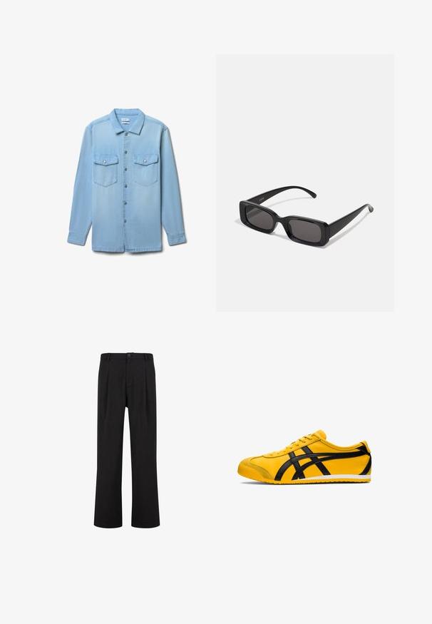 Cappotto in misto lana nero con revers a punta, chiusura a un bottone e tasche laterali. Presenta una silhouette dritta e un design minimalista.; Camicia di jeans azzurro chiaro con chiusura a bottoni sul davanti, due tasche sul petto e colletto. Tessuto liscio con un colore uniforme.; Pantaloni neri con fit dritto, vita piatta e pieghe. Realizzati in un tessuto liscio con chiusura a bottone e passanti per cintura.; Scarpa da atletica gialla con accenti neri, texture in pelle liscia, design curvo, punta rotonda, suola piatta bianca e marchio prominente sul lato.; Occhiali da sole neri rettangolari con lenti scure, finitura lucida, aste larghe e design della montatura spessa. Nome del marchio inciso su un'asta.