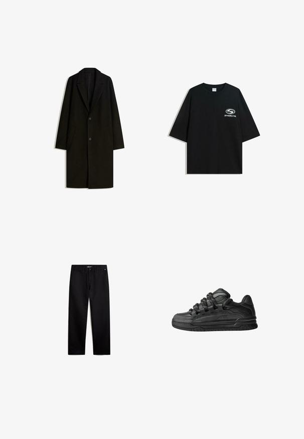 Musta villasekoitekama, jossa on solmuleveä kaulus, yksittäinen nappisuljenta ja sivutaskut. Ominaisuuksina suora siluetti ja minimalistinen muotoilu.; Mustat ylipitkät puuvillapaidat, joissa on pyöreä kaula-aukko ja lyhyet hihat, etuosassa valkoinen "Shibuya" -logo.; Mustat puuvillahousut, joissa on suora malli, vetskari ja etutaskut. Tasainen pinta, ilman näkyviä kuvioita ja minimaalista metallipintaa.; Mustat tennarit, joissa on sileä nahkapinta, teksturoituja yksityiskohtia ja pyöreät musta-valkoiset nauhat. Paksu kumipohja, jossa on kuvioitu pinta.