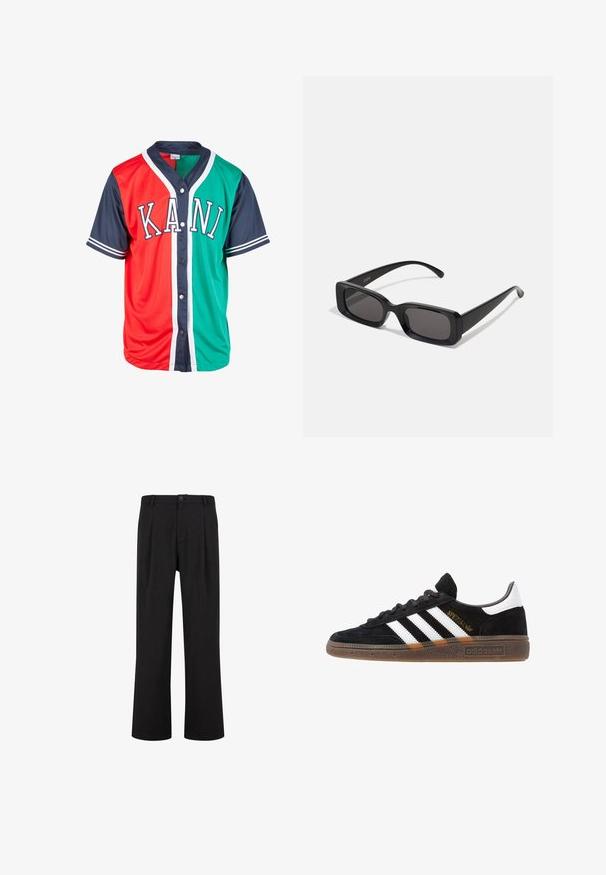Musta villasekoitekama, jossa on solmuleveä kaulus, yksittäinen nappisuljenta ja sivutaskut. Ominaisuuksina suora siluetti ja minimalistinen muotoilu.; Lyhythihainen paita, jossa on punaisia ja vihreitä osia, laivastonsiniset hihat ja viimeistely. Tyylissä on nappikiinnitys ja etupuolella valkoiset kirjaimet "KANI".; Mustat housut, joissa on suora leikkaus, litteä etuosa ja laskokset. Valmistettu sileästä kankaasta, jossa on nappisuljenta ja vyölenkit.; Mustat Adidas-nikeset, joissa on valkoiset raidat, kultaiset "Spezial"-tekstiset, kumipohja ja valkoinen kantapää, esitetty sivuprofiilissa.; Mustat suorakaiteen muotoiset aurinkolasit, joissa tummat linssit, kiiltävä pinta, leveät sangan varret ja massiivinen kehysmuotoilu. Yhden sangansivun kaiverrettu brändinimi.; Valkoinen helminauha, jossa on tasainen pyöreä muoto, sileä pinta ja metallisolki, jossa on pidennysketju säädettävää pituutta varten.