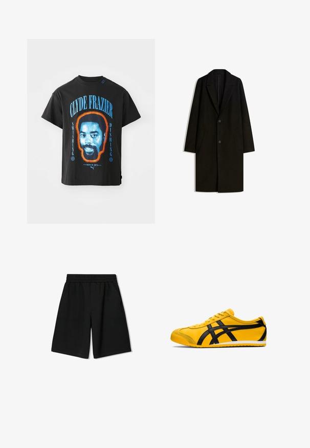 Zwarte wolmix jas met een notch lapel, enkele knoopsluiting en zijzakken. Heeft een rechte silhouet en een minimalistisch ontwerp.; Zwarte katoenen T-shirt met een grafisch ontwerp van het gezicht van Clyde Frazier, omrand in oranje, met blauwe tekst die "SWISHING" en "DISHING" leest.; Zwarte katoenen shorts met een elastische tailleband, zijzakken en een ontspannen pasvorm, kenmerken een gladde textuur en een rechte zoom.; Gele sportieve schoen met zwarte accenten, gladde leren textuur, gebogen ontwerp, ronde teen, platte witte zool en opvallende branding aan de zijkant.