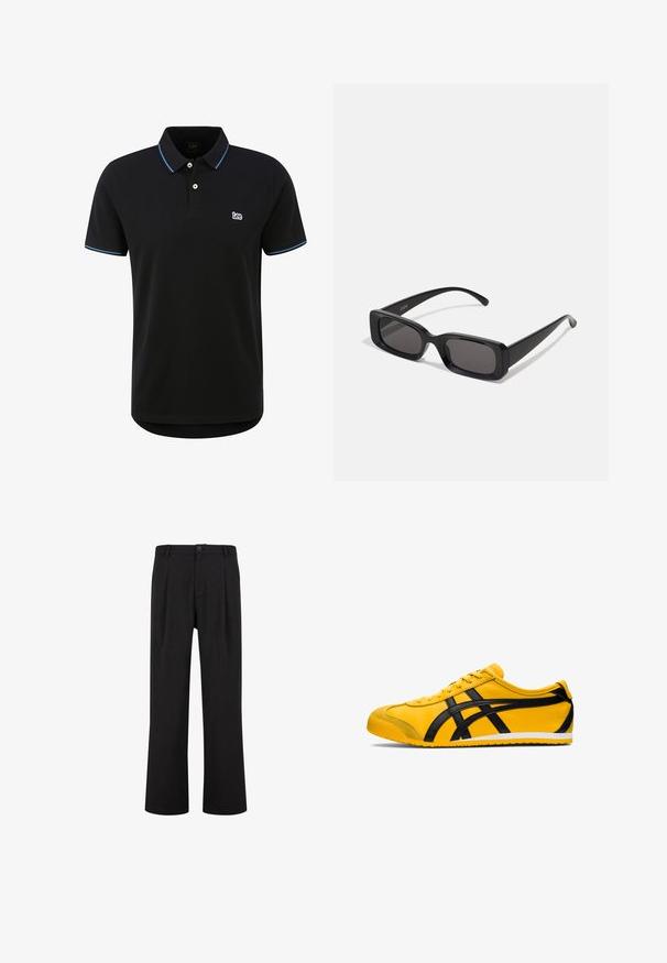 Musta villasekoitekama, jossa on solmuleveä kaulus, yksittäinen nappisuljenta ja sivutaskut. Ominaisuuksina suora siluetti ja minimalistinen muotoilu.; Musta poolkauluspaita, joka on valmistettu puuvillasta. Paidassa on kaksinappinen halkio, lyhyet hihat ja sininen nauha kauluksessa ja hihoissa. Pienen logon löytyy rinnasta.; Mustat housut, joissa on suora leikkaus, litteä etuosa ja laskokset. Valmistettu sileästä kankaasta, jossa on nappisuljenta ja vyölenkit.; Keltainen urheilukenkä mustilla yksityiskohdilla, sileä nahkatekstuuri, kaareva muotoilu, pyöreä varvas, litteä valkoinen pohja ja huomattava brändäys sivussa.; Mustat suorakaiteen muotoiset aurinkolasit, joissa tummat linssit, kiiltävä pinta, leveät sangan varret ja massiivinen kehysmuotoilu. Yhden sangansivun kaiverrettu brändinimi.