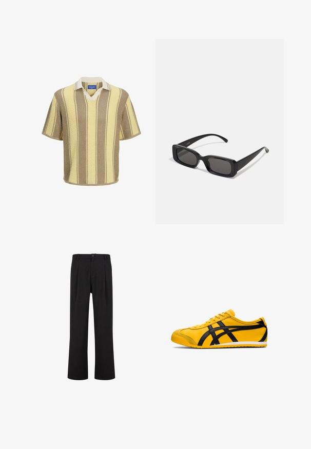 Manteau noir en mélange de laine avec un col cranté, fermeture à un bouton et poches latérales. Il présente une silhouette droite et un design minimaliste.; Polo tricot à manches courtes en beige, crème et rayures jaunes. Design en V avec col contrasté et tissu texturé.; Pantalons noirs à coupe droite, avec une taille plate et des plis. Fabriqués dans un tissu lisse, dotés d'une fermeture à bouton et de passants de ceinture.; Basket jaune avec des accents noirs, texture en cuir lisse, design arrondi, bout rond, semelle plate blanche et marquage bien visible sur le côté.; Lunettes de soleil noires rectangulaires avec des verres foncés, finition brillante, larges branches et un design de monture épaisse. Nom de marque gravé sur une branche.