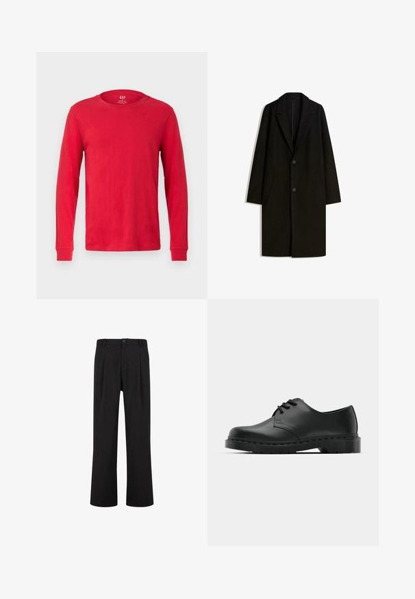 Zwarte wolmix jas met een notch lapel, enkele knoopsluiting en zijzakken. Heeft een rechte silhouet en een minimalistisch ontwerp.; Rode katoen t-shirt met lange mouwen en een ronde halslijn, voorzien van geribbelde manchetten en een label aan de achterkant in het midden.; Zwarte broeken met een rechte pasvorm, platte voorkant en plooien. Gemaakt van een gladde stof met een knoopsluiting en ceintuurlussen.; Zwarte leren oxford schoenen met vetersluiting, ronde neus, platte rubberen zool en subtiele stiksel details langs het bovenwerk.