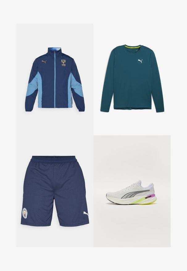Námořnická a světle modrá polyesterová bunda se zipovým zapínáním, stojáčkovým límcem, logem a designem v barvách bloků na rukávech.; Dlouhý rukáv atletického trička v barvě teal, s kulatým výstřihem a bílým logem Puma na levé hrudi. Hladká textura, minimalistický design.; Námornické sportovní šortky vyrobené z polyestera, se znakem na levé noze a bílým akcentem Puma na pravé. Obsahují elastický pas.; Bílé sportovní boty s prodyšným síťovaným svrškem, černými akcenty a vícbarevnou podrážkou s fialovými a zelenými detaily.