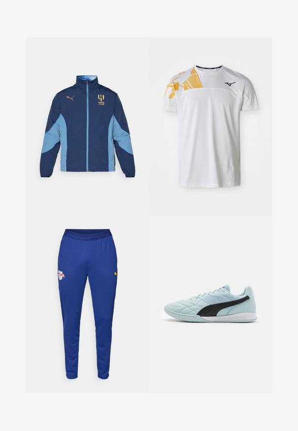 Marineblauwe en lichtblauwe polyester jas met een ritssluiting, staande kraag, logo-accenten en een gekleurde blokontwerp op de mouwen.; Witte sportieve t-shirt met een geometrisch geel ontwerp op één schouder, een gladde textuur, een ronde halslijn en een logo in donkergrijs.; Blauwe sportbroek van lichtgewicht stof, met een elastische tailleband, zijzakken en logo's in witte en gele accenten.; Lichtblauwe sportieve schoen met een gestructureerde bovenkant, zwarte accenten en een gladde witte rubberen zool. Geknoopt ontwerp met een gevoerde kraag.