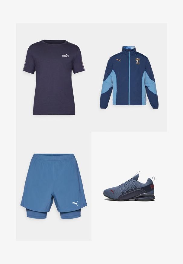 Granatowa i jasnoniebieska kurtka z poliestru z zamkiem błyskawicznym, stójką, akcentami logo oraz kolorowymi blokami na rękawach.; Granatowa koszulka z gładkiego materiału, z okrągłym dekoltem, krótkimi rękawami oraz białym logo Puma na piersi i wzorzystymi akcentami na rękawach.; Niebieskie szorty sportowe Puma z warstwowym wzornictwem, wyposażone w elastyczny pasek w talii, gładką teksturę i białe logo na dolnej części nogawki.; Niebieski but sportowy z siateczkową cholewką, z solidną gumową podeszwą, wyróżniającym się logo oraz sznurowanym zapięciem zapewniającym ciasne dopasowanie.