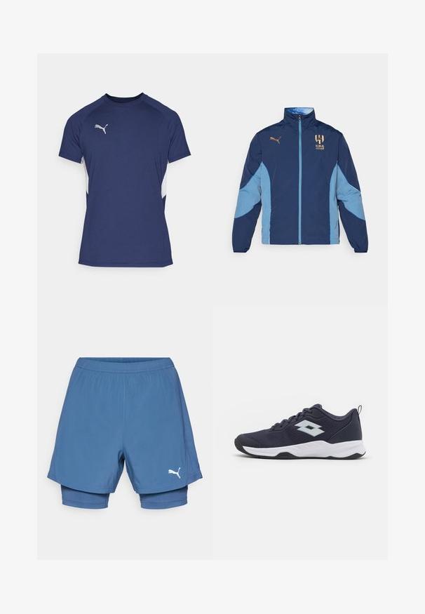 Jakna od poliestera u mornarsko plavoj i svijetlo plavoj boji s zatvaračem na munju, stojećim ovratnikom, akcentima s logotipom i dizajnom u blokovima boja na rukavima.; Tamnoplava atletska majica kratkih rukava. Ima bijele bočne panele i srebrni Puma logo na prsima. Napravljena od glatkog materijala.; Puma plave atletske šorce sa slojevim dizajnom, sa elastičnom gumicom u struku, glatkom teksturom i belim logotipom na donjem delu noge.; Lotto MIRAGE 700 - Tenisice za sve terene - navy blue/all white