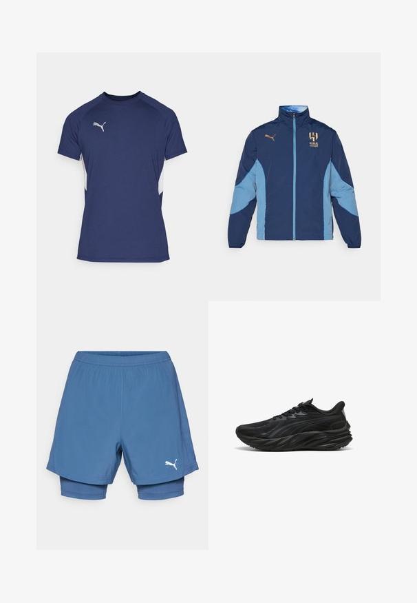 Navy and light blue polyester jacket with a zip closure, standing collar, logo accents, and a color-blocked design on sleeves.; Navy blue athletic t-shirt with short sleeves. Features white side panels and a silver Puma logo on the chest. Made of a smooth fabric.; Puma blue athletic shorts with a layered design, featuring an elastic waistband, smooth texture, and a white logo on the lower leg.; Black athletic shoe with a textured upper, curved sole, and reinforced heel. Features laces and a subtle side design element.