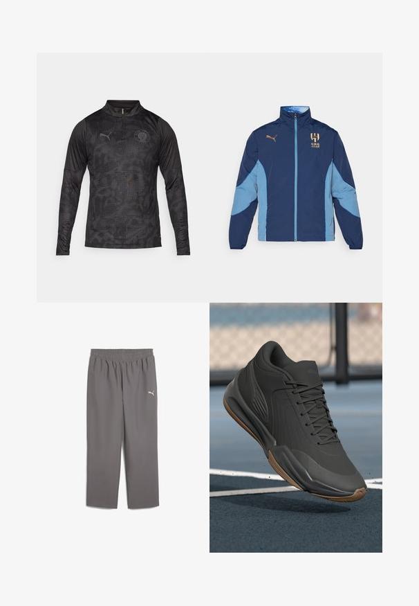 Pitevna jakna v mornarsko modri in svetlo modri barvi iz poliestra z zadrgo, stoječim ovratnikom, logotipom in barvno razdeljenim dizajnom na rokavih.; Črni dolg rokav trening majica z zip ovratnikom, s teksturirano pikasto zasnovo in vezenim logotipom na prsih ter levem rokavu.; Sive športne hlače z elastičnim pasom, izdelane iz lahkega materiala. Imajo majhen bel logotip na levi nogi.; Črne atletske čevlje z gladkim sintetičnim zgornjim delom, teksturiranimi dodatki in gumijastim podplatom, zasnovani za zmogljivost in udobje.