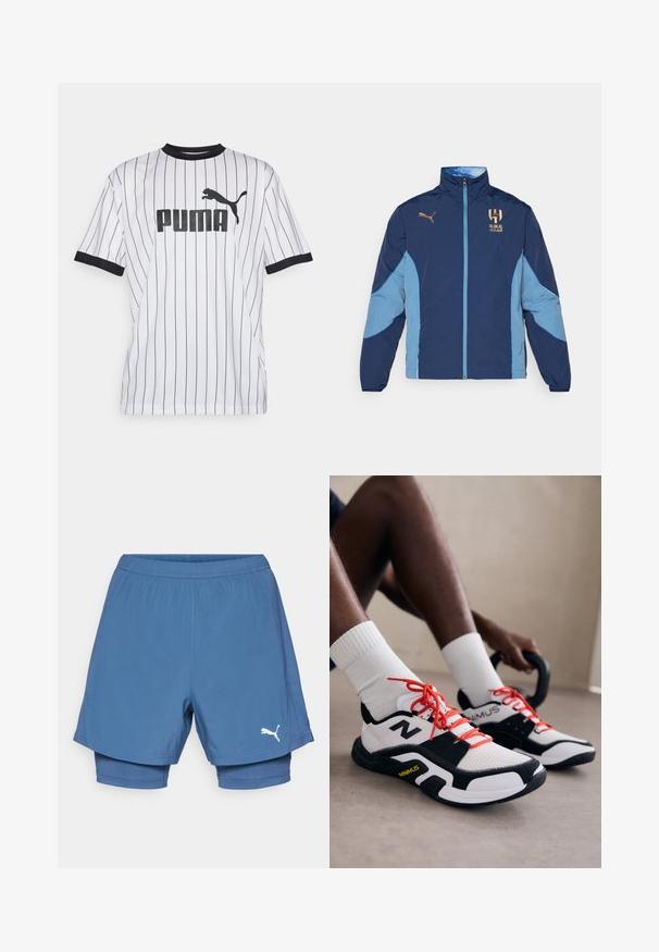 Námořnická a světle modrá polyesterová bunda se zipovým zapínáním, stojáčkovým límcem, logem a designem v barvách bloků na rukávech.; Bílý dres s černými vertikálními pruhy, černý límec a rukávy. Na přední straně se nachází velké černé logo "PUMA" s siluetou pumy.; Modré sportovní šortky Puma s vrstveným designem, elastickým pasem, hladkou texturou a bílým logem na dolní části nohavice.; Bílé a černé sportovní boty s červenými tkaničkami, síťovaným svrškem a gumovou podešví. Na boku je logo a texturovaný design.