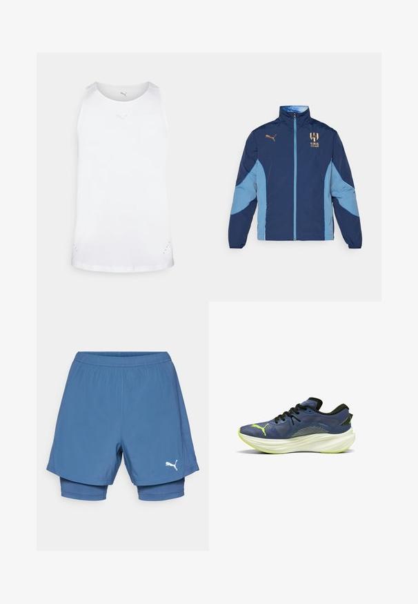 Marineblå og lyseblå polyesterjakke med lynlås, opretstående krave, logo-detaljer og en farveblokeret design på ærmerne.; Hvid atletisk tanktop med rund halsudskæring, ærmeløs design og subtilt trykt logo på brystet. Har små ventilationshuller i siderne.; Puma blå atletiske shorts med et lagdelt design, der har en elastisk talje, blød tekstur og et hvidt logo på underbenet.; Blå atletisk sko med en struktureret mesh-overdel, sorte snørebånd og en hvid, buet mellemsål. Har en grøn accent og et logo på siden.