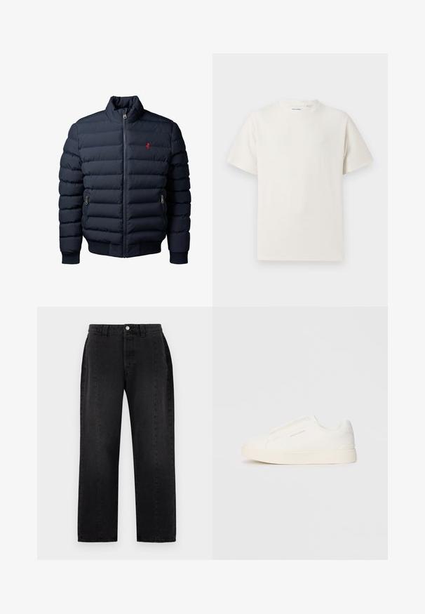 Navy blue quilted puffer jacket with front zipper, zippered side pockets, ribbed cuffs, and a small red embroidered logo on the chest.; White short-sleeve T-shirt in a ribbed texture. Round neckline, relaxed fit, no visible patterns or accents. Simple and versatile design.; Black denim jeans with a straight-leg design. Features a button closure, belt loops, and two side pockets. Smooth texture, no visible patterns.; White slip-on sneakers with a textured surface, a thick sole, and minimalistic design. Features brand logo on the side.