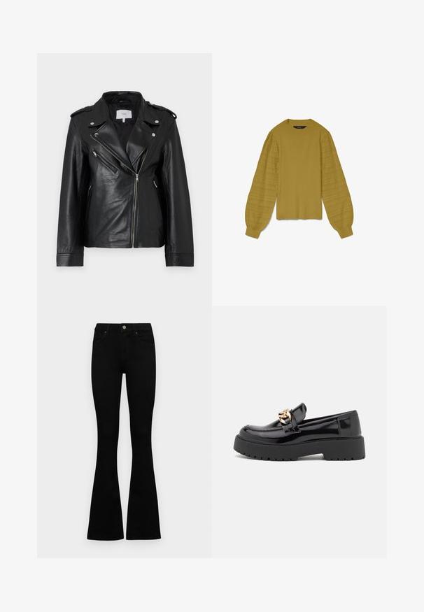 Zwarte leren jas met een schuine rits, schouderepauletten en twee met rits afgesloten zakken met een gladde textuur.; Mosterdgele gebreide trui met een ronde hals en textuurpofmouwen, met een patroon op de mouwen.; Zwarte hoge taille jeans met een knoop- en ritssluiting, voorzakken en een flared pijp, plat gelegd op een witte achtergrond.; Zwarte patenten leren loafers met een chunky zwarte zool en gouden hardware details. Gladde textuur en afgeronde tekening.
