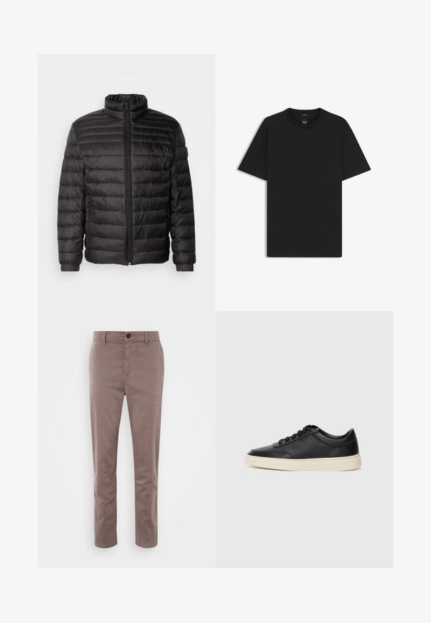 Zwarte donsjack met horizontale stiksels, hoge kraag en ritsluiting. Voorzien van elastische manchetten en zijzakken voor extra functionaliteit.; Zwarte korte mouwen T-shirt van een gladde katoenmix, met een ronde halslijn en een minimalistisch ontwerp zonder patronen of accenten.; Slim-fit broek in gedempt taupe katoen, met een voorste knoopsluiting, zijzakken en een gladde textuur. Geschikt voor casual wear.; Zwarte leren sneaker met lage schacht, zwarte veters en off-white zool, weergegeven in zijprofiel op een witte achtergrond.