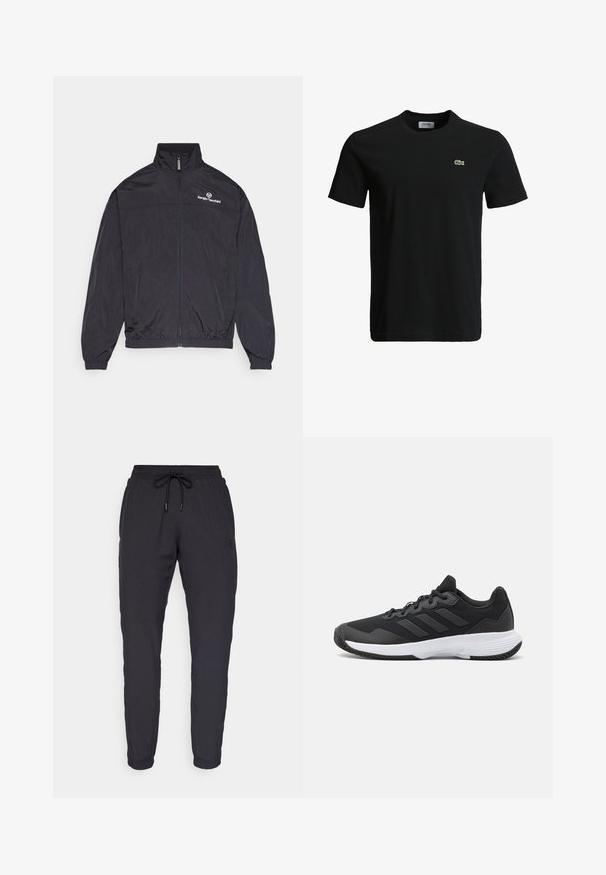 Melns viegls uzvalks ar augstu apkakli, priekšējo rāvējslēdzēju, elastīgām piedurknēm un apakšmalu. Uz krūtīm ir balta logo. Gluda tekstūra.; Melna kokvilnas T-krekls ar apaļu kakla izgriezumu, īsām piedurknēm un mazu zaļu krokodila logotipu kreisajā krūtī. Gluda tekstūra, ikdienišķs dizains.; Melna sporta bikses ar elastīgu jostasvietu, auklas aizdari un pieguļošām piedurknēm. Izgatavotas no mīksta auduma ar minimālistisku dizainu.; Melna sporta apavi ar teksturētu virsu, trim horizontālām svītrām un baltu zoli ar rakstainu protektoru. Viegls un plūstošs dizains.