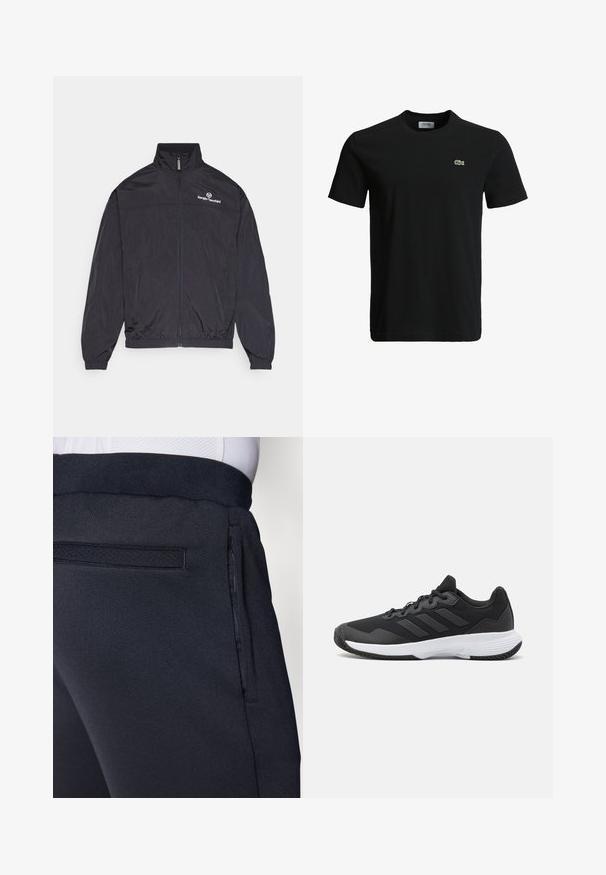 Czarna lekka kurtka z wysokim kołnierzem, zamek błyskawiczny z przodu, elastyczne mankiety i dół. Posiada białe logo na klatce piersiowej. Gładka tekstura.; Czarny bawełniany t-shirt z okrągłym dekoltem, krótkimi rękawami i małym zielonym logo krokodyla po lewej stronie klatki piersiowej. Gładka tekstura, casualowy design.; Ciemnoniebieskie spodnie sportowe wykonane z miękkiego, teksturowanego materiału, z elastycznym paskiem w talii oraz boczną kieszenią na zamek dla wygody.; Czarne buty sportowe z teksturowaną cholewką, trzema poziomymi paskami i białą podeszwą z wzorzystym bieżnikiem. Lekka i aerodynamiczna konstrukcja.