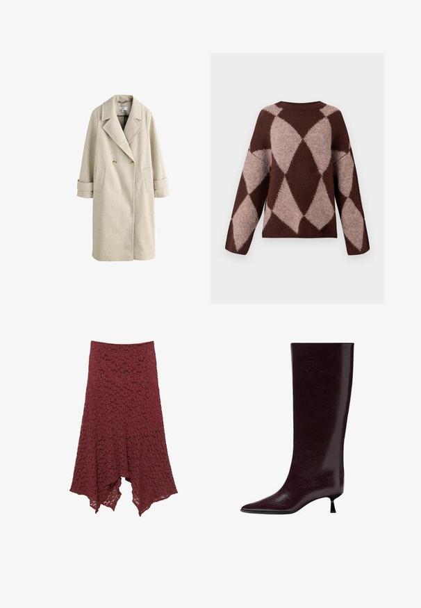 Beige, doppelt-knöpfiger langer Mantel mit breiten Revers, zwei Knöpfen, aufgesetzten Taschen und langen Manschettenriemen vor weißem Hintergrund.; Brauner und hellbeiger Strickpullover mit einem Rautenmuster, der lange Ärmel und einen runden Ausschnitt hat, aus einem weichen, strukturierten Stoff gefertigt.; Burgunderfarbene Spitzröhre mit einem ausgestellten Schnitt, die ein strukturiertes Muster und einen asymmetrischen Saum für ein fließendes Aussehen aufweist.; Knöchelhoher burgunderfarbener Lederstiefel mit einer eleganten, strukturierten Oberfläche, spitzem Zehenbereich und einem dünnen, gestapelten Absatz für zusätzliche Höhe.