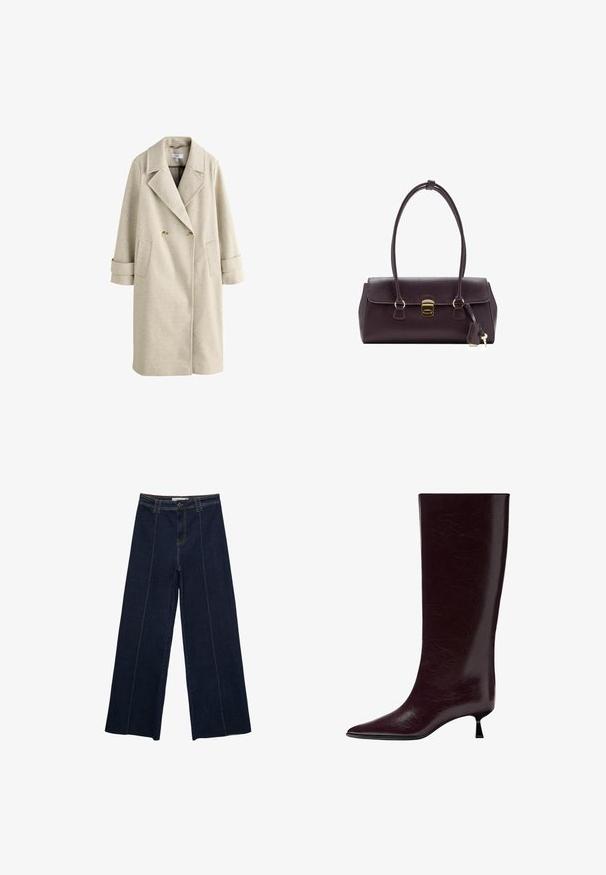 Bež dolg plašč s širokimi reverji, dvojnim zapenjanjem, dvema gumboma, obližnimi žepi in trakovi na manšetah, ki visi ob belem ozadju.; Rjav in svetlo bež pleten pulover z diamantom, z dolgimi rokavi in okroglim izrezom, narejen iz mehkega, teksturiranega blaga.; Široke temno jeans hlače z kontrastnim šivanjem, visok pas in ravno krojenje. Imajo sprednje žepe in klasično zapiranje s gumbom.; Čizmice iz burgujske kože do koljena s glatkom, teksturiranom završnom obradom, šiljastim vrhom i tankim, složenim petom za dodatnu visinu.; Bordo usnjeni ročno izdelan nahrbtnik s strukturiranim oblikovanjem, kratkimi ročaji, zlatim pravokotnim zapiranjem in odstranljivim dodatkom v obliki pompona.; Anna Field LEATHER - Rokavice - black