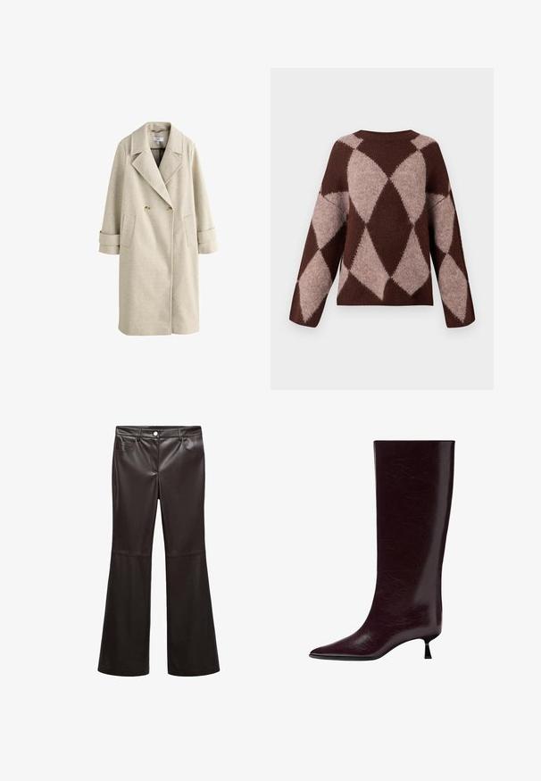 Beige dubbelknäppt lång kappa med breda slag, två knappar, fickor med patte och manschettremmar hängande mot vit bakgrund.; Brun och ljusbeige stickad tröja med ett diamantmönster, som har långa ärmar och rund halskrage, tillverkad av ett mjukt, strukturerat tyg.; Svarta utsvängda byxor i slät konstläder, med framfickor, dragkedja och en silverfärgad knapp. Framträdande sömnadsdetaljer.; Knähöga bourgogne läderstövel med en slät, texturerad yta, spetsig tå och en tunn, staplad klack för extra höjd.