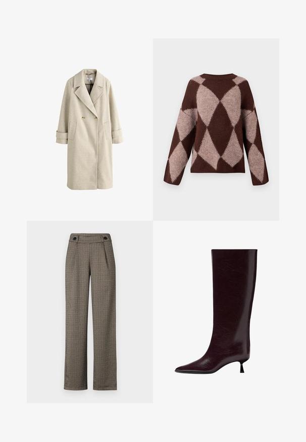 Vaaleanbeige kaksirivinen pitkä takki, jossa on leveät kaulukset, kaksi nappia, läpätaskut ja hihansuut, jotka roikkuvat valkoista taustaa vasten.; Ruskea ja vaaleanbeige neuleneule, jossa on timanttikuvio, pitkät hihat ja pyöreä kaula-aukko. Se on valmistettu pehmeästä, teksturoidusta kankaasta.; Tummanruskea ruutukuosiset housut, joissa on korkea vyötärö, sivutaskut ja mustat nappikoristeet. Valmistettu teksturoidusta kudotusta kankaasta.; Polvisteinen burgundinpunainen nahkasaapas, jossa on tyylikäs, teksturoitu pinta, terävä kärki ja ohut, pinottu korko lisä korkeuden vuoksi.