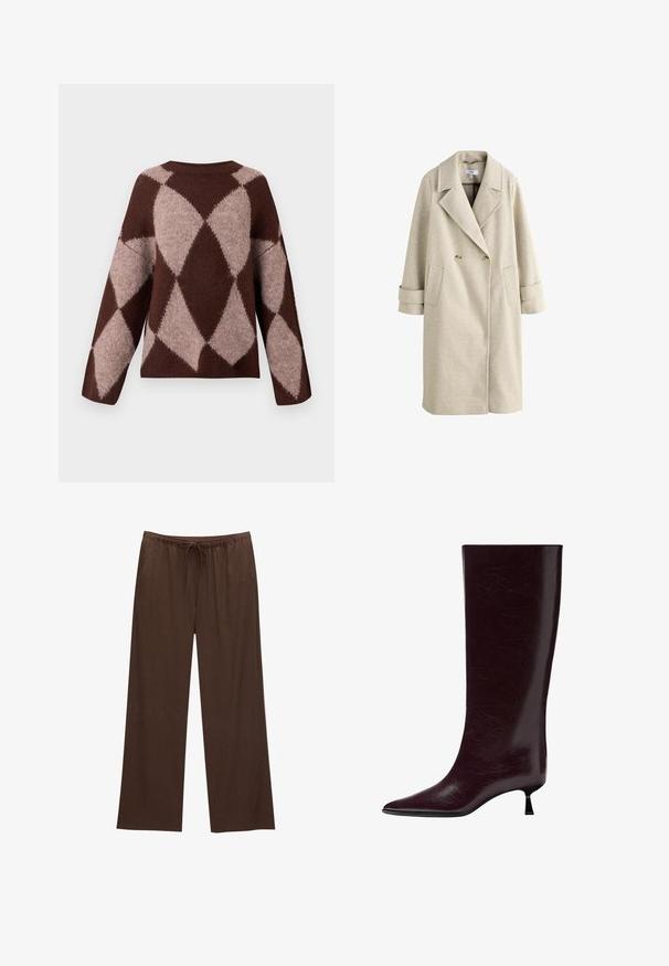 Beige, doppelt-knöpfiger langer Mantel mit breiten Revers, zwei Knöpfen, aufgesetzten Taschen und langen Manschettenriemen vor weißem Hintergrund.; Brauner und hellbeiger Strickpullover mit einem Rautenmuster, der lange Ärmel und einen runden Ausschnitt hat, aus einem weichen, strukturierten Stoff gefertigt.; Braune weite Hosen aus weichem Stoff, mit einem elastischen Bund und Kordelzug sowie zwei Seitentaschen.; Knöchelhoher burgunderfarbener Lederstiefel mit einer eleganten, strukturierten Oberfläche, spitzem Zehenbereich und einem dünnen, gestapelten Absatz für zusätzliche Höhe.