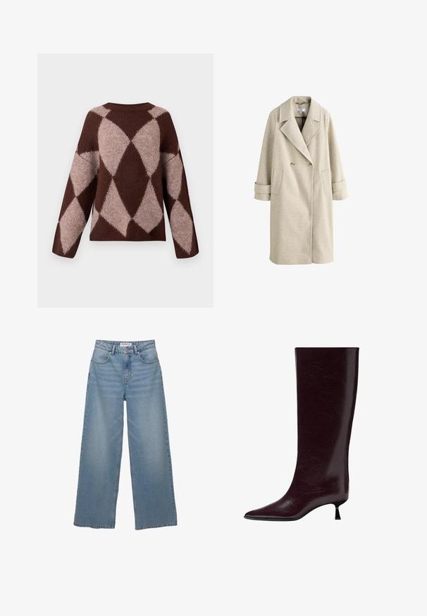 Bež dolg plašč s širokimi reverji, dvojnim zapenjanjem, dvema gumboma, obližnimi žepi in trakovi na manšetah, ki visi ob belem ozadju.; Rjav in svetlo bež pleten pulover z diamantom, z dolgimi rokavi in okroglim izrezom, narejen iz mehkega, teksturiranega blaga.; Svetlo modri široki jeans iz denima. Ima visok pas, pet žepov in ravno kroj z minimalnim bledenjem.; Čizmice iz burgujske kože do koljena s glatkom, teksturiranom završnom obradom, šiljastim vrhom i tankim, složenim petom za dodatnu visinu.