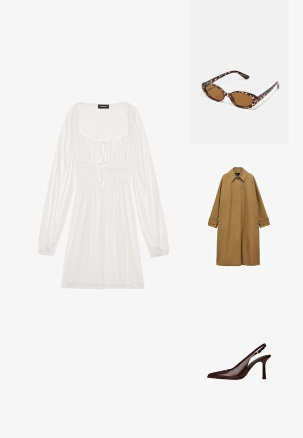 Hnědý trenčkot vyrobený z hladké tkaniny, s límečkem, dlouhými rukávy a dvěma bočními kapsami. Volný střih, dlouhý po kolena.; Bílé dlouhé šaty s krátkým rukávem se čtvercovým výstřihem, nařaseným pasem se šňůrkou a splývavou sukní, vyrobené z lehké, hladké látky.; Hnědá kožená lodička na tenkém podpatku se špičatou špičkou. Má malou ozdobnou přezku na pásku a lesklý povrch.; Sluneční brýle s želvovinovým vzorem a oválnými skly, hnědě tónovanými, tenké nožičky s texturovaným vzorem, lehký plastový rám.