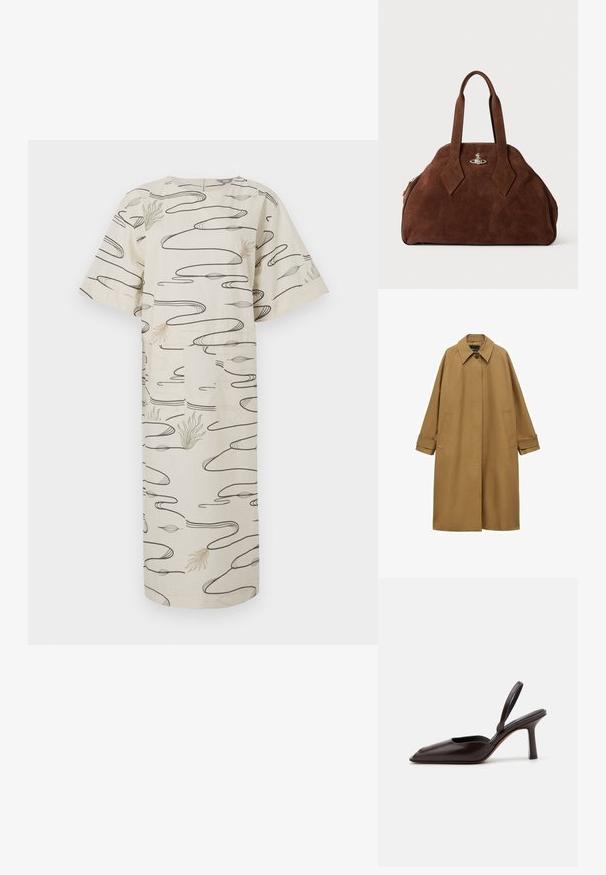 Ruskea trench-takki, joka on valmistettu sileästä kankaasta. Siinä on kaulus, pitkät hihat ja kaksi sivutaskua. Höyhenkevyt istuvuus, polvipituinen malli.; Beige midi-mekko, jossa on lyhyet hihat, abstrakteja mustia pyörteitä sekä hentoa vihreää ja ruskeaa kasviaitoa puuvillakankaalla.; Ruske patentleather slingback pump, jossa on terävä kärki ja kapea, korkea korko. Ominaisuuksia ovat tyylikäs muotoilu ja sileä pintatekstuuri.; Ruskea mokkahamppari, jossa on jämäkkä muoto, pyöreä runko ja pitkät timantinmuotoiset kahvat. Varustettu hopeasävyisellä sulkumekanismilla.