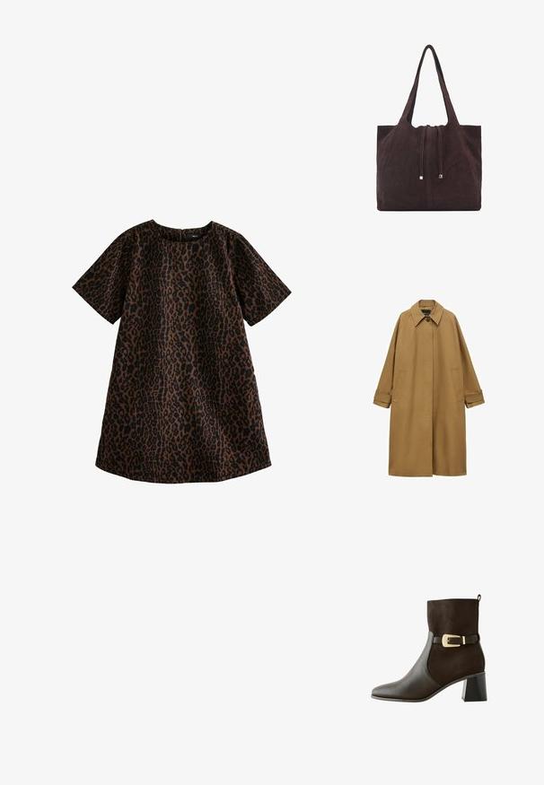 Brun trenchcoat i slät tyg, med krage, långa ärmar och två sidofickor. Lös passform, knälång design.; Leopardmönstrad klänning i brunt och svart. Kort ärm, rund halsringning, lös passform, knälång design, snickad av bomull med mjuk textur.; Brun läder- och mockaankelstövlett med spetsig tå, bred klack och en dekorativ guldspänneaccent på ankelsnöret.; Mango Shoppingväska - dark brown