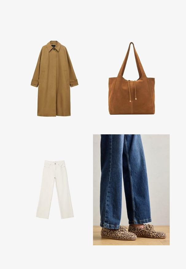 Brun trenchcoat i slät tyg, med krage, långa ärmar och två sidofickor. Lös passform, knälång design.; Mjuk beige långärmad tröja med rund halsringning, med ribbade muddar, fåll och halsringning, uppvisad liggandes på en vit bakgrund.; Vita vida jeans i denim med hög midja, framfickor och knäppning. Rent design med minimala detaljer.; Leopardskinnade loafers i mocka med rund tå, snörningsdesign och platta, flexibla sulor, tillsammans med blå denimjeans.; Brun mockaläders toteväska med två långa remmar, dragsko-stängning och minimalistisk design. Slät textur och inga synliga metallaccenter.