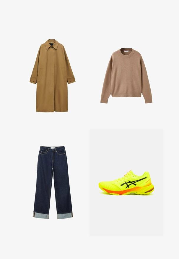 Brown trench coat made of smooth fabric, featuring a collar, long sleeves, and two side pockets. Loose fit, knee-length design.; Soft beige long-sleeve crewneck sweater with ribbed cuffs, hem, and neckline, displayed flat on a white background.; Dark blue wide-leg jeans with a high waist, featuring rolled cuffs, contrast stitching, and five-pocket design. Made of denim fabric.; Bright yellow athletic shoe with black accents, a mesh upper, textured surface, and an orange heel detail. Lightweight design for performance.