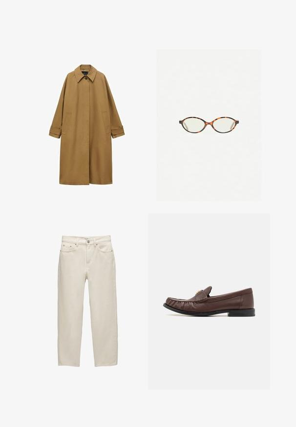Brown trench coat made of smooth fabric, featuring a collar, long sleeves, and two side pockets. Loose fit, knee-length design.; Burgundy wool sweater with a round neck, loose fit, long sleeves, and a soft texture. No patterns or embellishments.; White denim jeans with a relaxed fit, featuring a straight leg, five-pocket design, and metal hardware with a subtle texture.; COACH JOLENE LOAFER - Slip-ons - maple; Tortoiseshell eyeglasses with oval lenses and a sleek, smooth finish. Features thin sides with a subtle curve at the temples. Clear lenses.