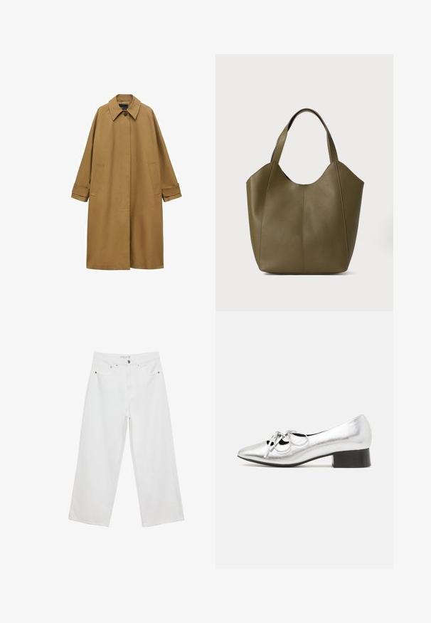 Rjav plašč iz gladkega materiala, opremljen s ovratnikom, dolgimi rokavi in dvema stranskima žepoma. Ohlapen kroj, do kolen.; Svetnik brez rokavov v temno sivi barvi z okroglim izrezom, rebrastim robom in šivom na ramenih. Tkanina ima gladko in nekoliko raztegljivo teksturo.; Bele široke hlače iz denima, visoke pasu, z petimi žepi in kovinskimi dodatki. Gladek tekstur, brez vidnih vzorcev.; Srebrni sintetični usnjeni čevelj s koničastim nosom, dekorativnimi čipkastimi detajli in nizkim kvadratnim črnim peto. Gladka tekstura in sijoč zaključek.; Olivnozeleno usnjeno torbico z dvema naramnicama, gladke teksture in zasnovo s štirimi paneli. Ojačano šivanje ob šivih za dolgotrajnost.